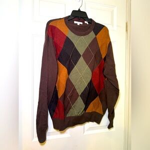 Alex Cannon Men’s Crew Neck Argyle Sweater Brown Green 100% Cotton Large